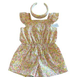 Janie And Jack Short Romper And Headband‎ Size 3 Floral Orange Yellow Green